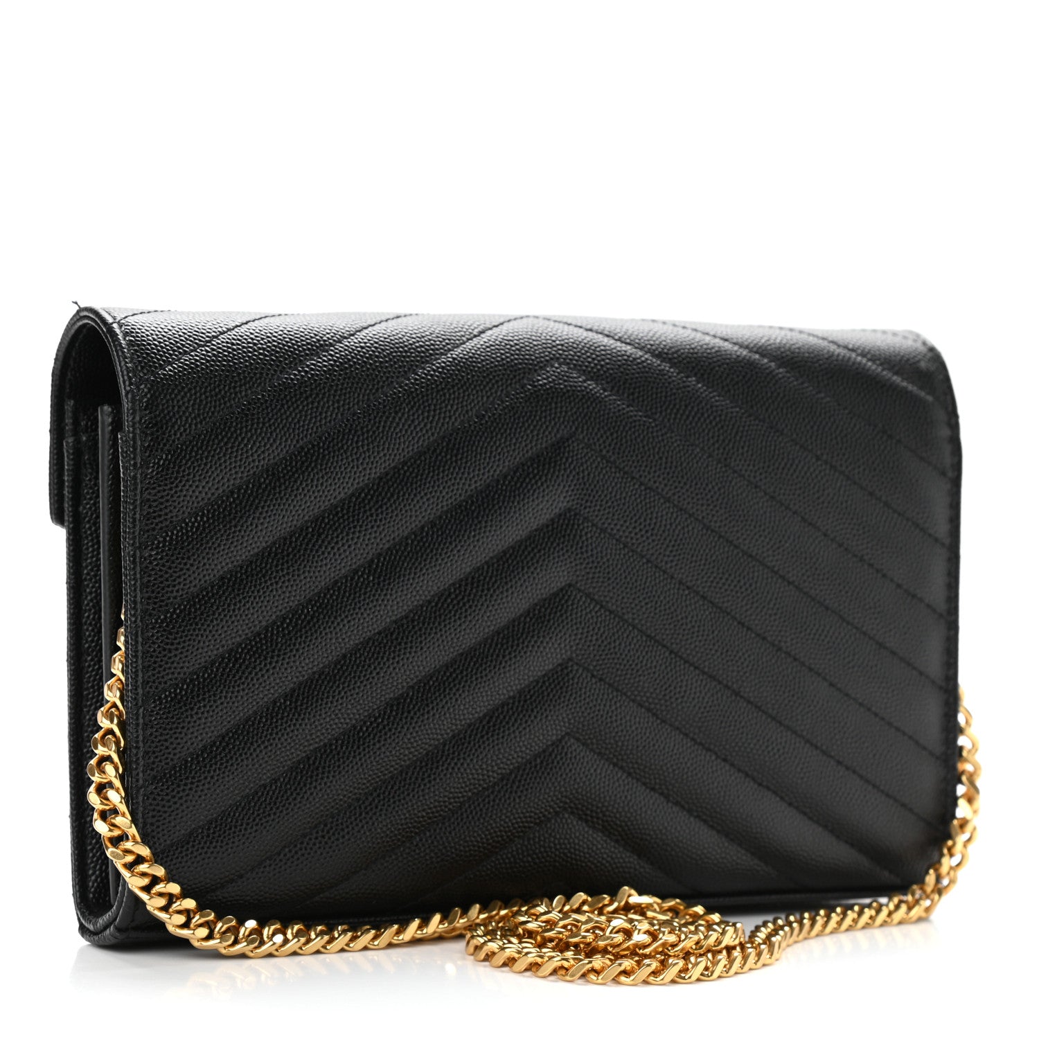 Saint Laurent Grain De Poudre Matelasse Chevron Monogram Chain Wallet Black 3 of 11