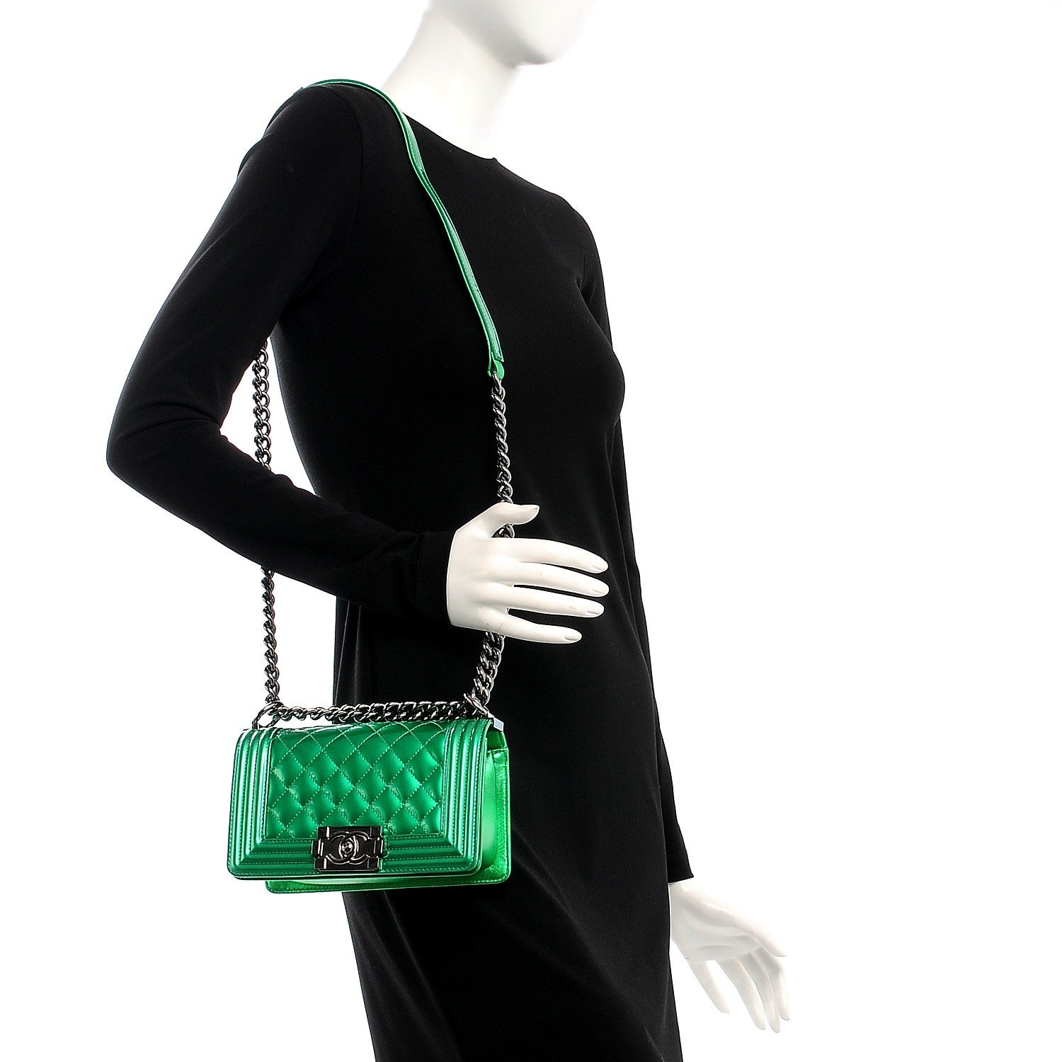 Chanel Metallic Patent Calfskin Quilted Small Boy Flap Green 2 of 7