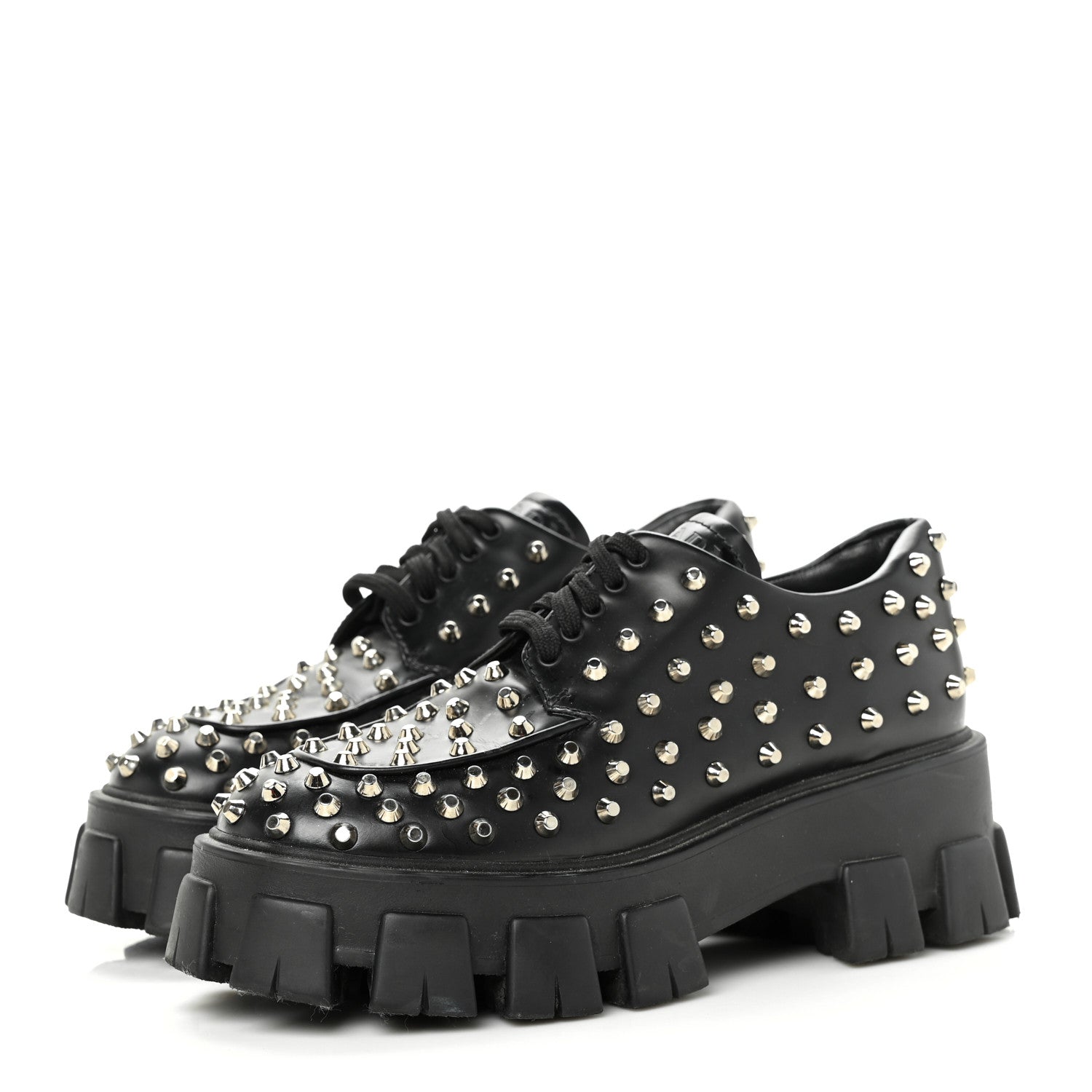 Prada Spazzolato Rois Studded Lace Up Monolith 55mm Derby Loafers 37.5 Black 3 of 8