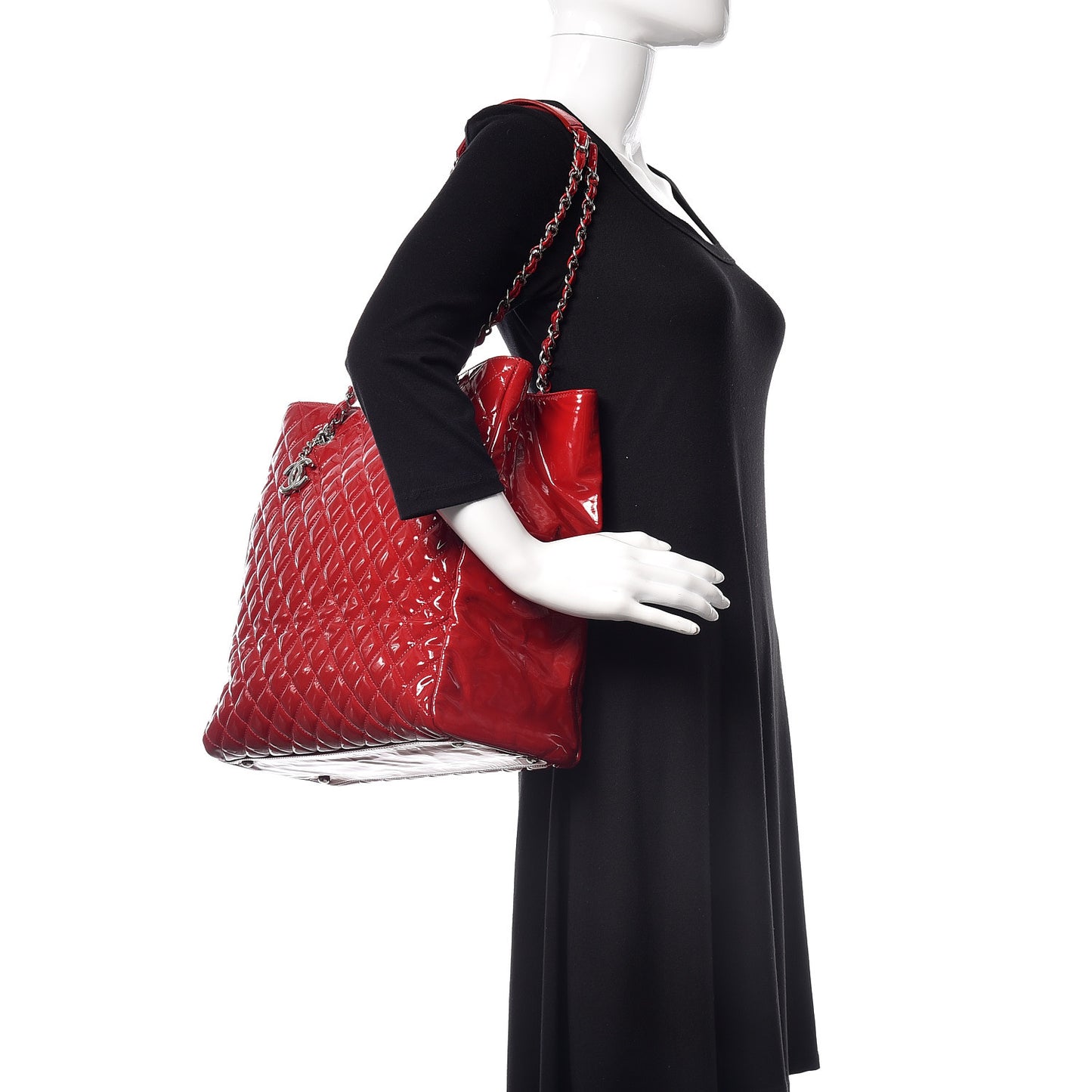 Patent Quilted Large Shopping Tote Red