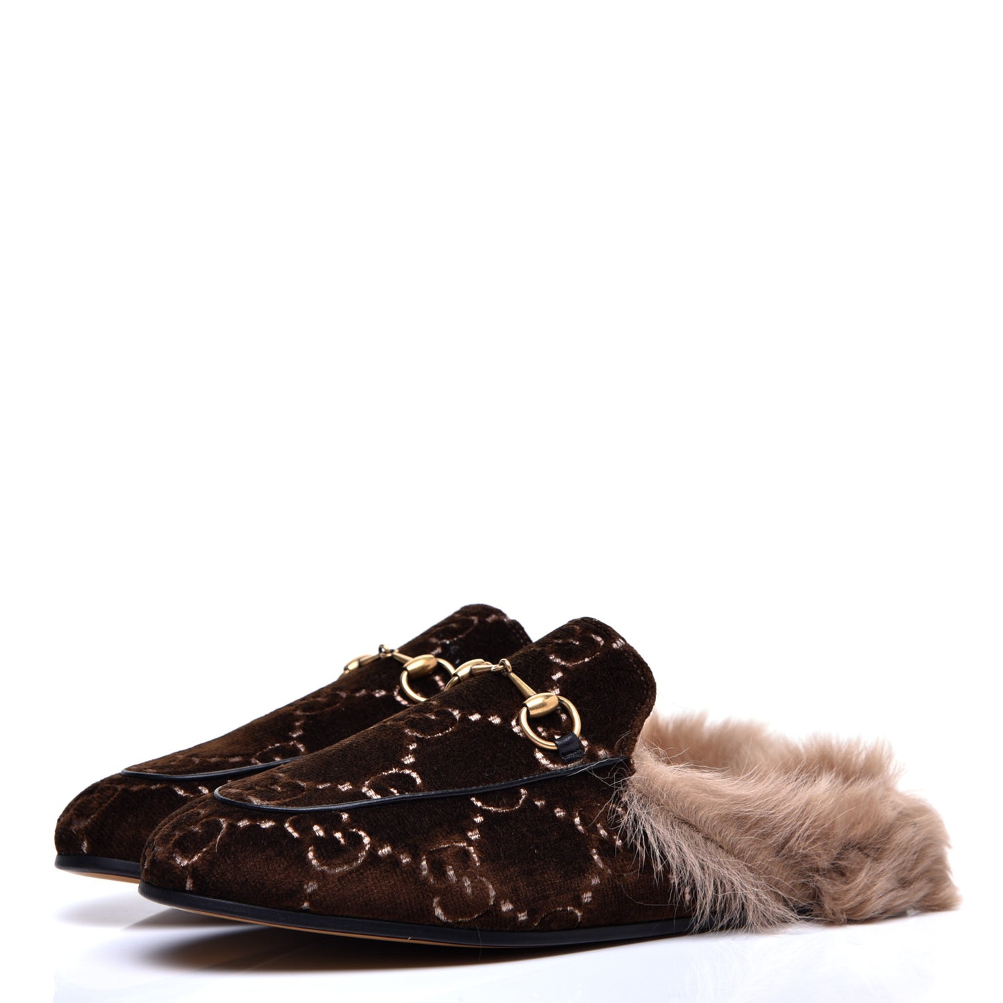 Velvet GG Monogram Fur Womens Princetown Slippers 38 Brown Black Natural
