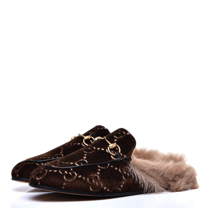 Gucci Velvet GG Monogram Fur Womens Princetown Slippers 38 Brown Black Natural 3 of 8