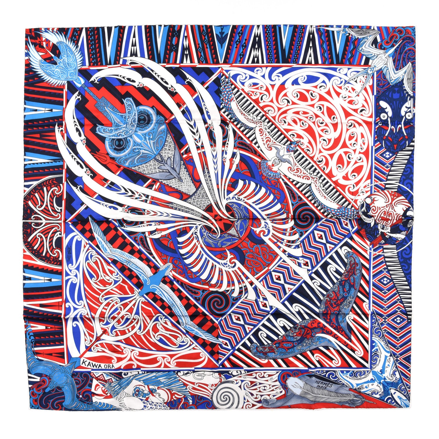 Hermes Silk Kawa Ora Scarf 90 Bleu Rouge White 1 of 5