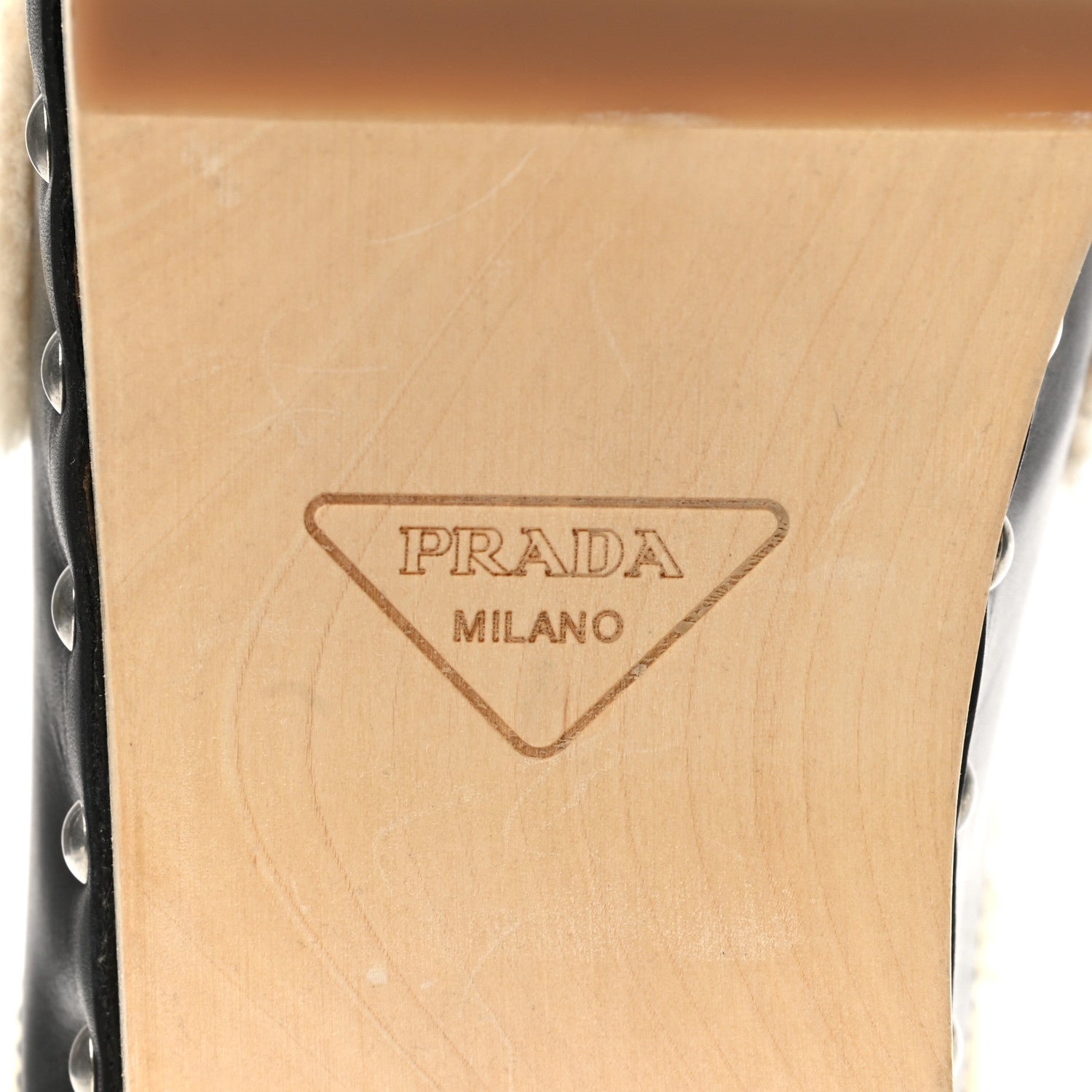 Prada Natural Calfskin Shearling Metal Triangle Logo 45mm Clogs 41 Black Sabbia 6 of 10