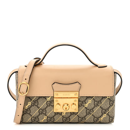 Gucci GG Supreme Monogram Calfskin Horsebit Print Mini Padlock Top Handle Shoulder Bag Beige Ebony Light Pink 1 of 12