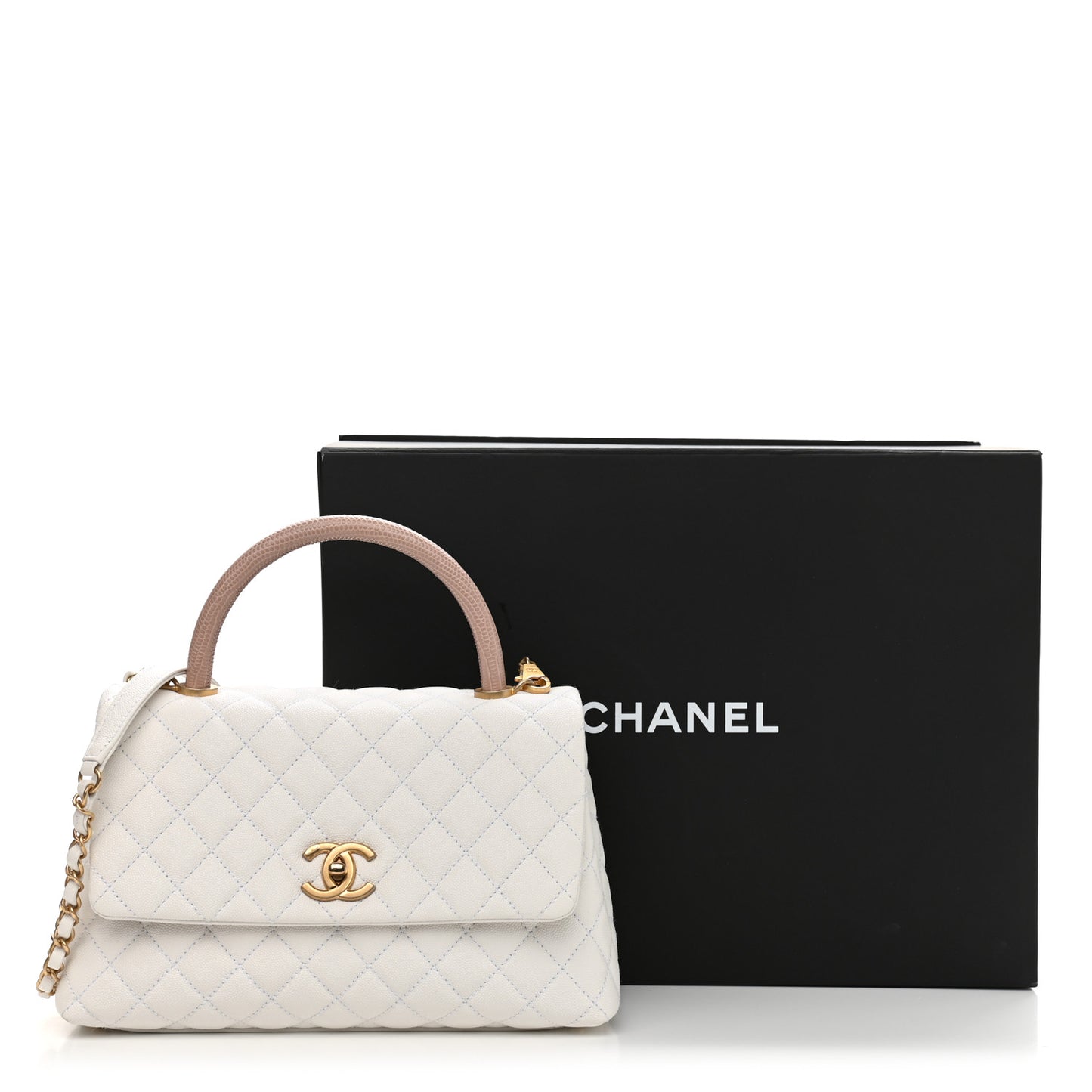 Caviar Lizard Quilted Small Coco Handle Flap White Beige