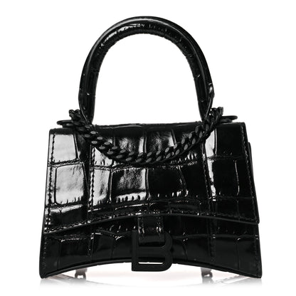Balenciaga Shiny Calfskin Monochrome Crocodile Embossed Hourglass Top Handle Bag Mini with Chain Black 1 of 12