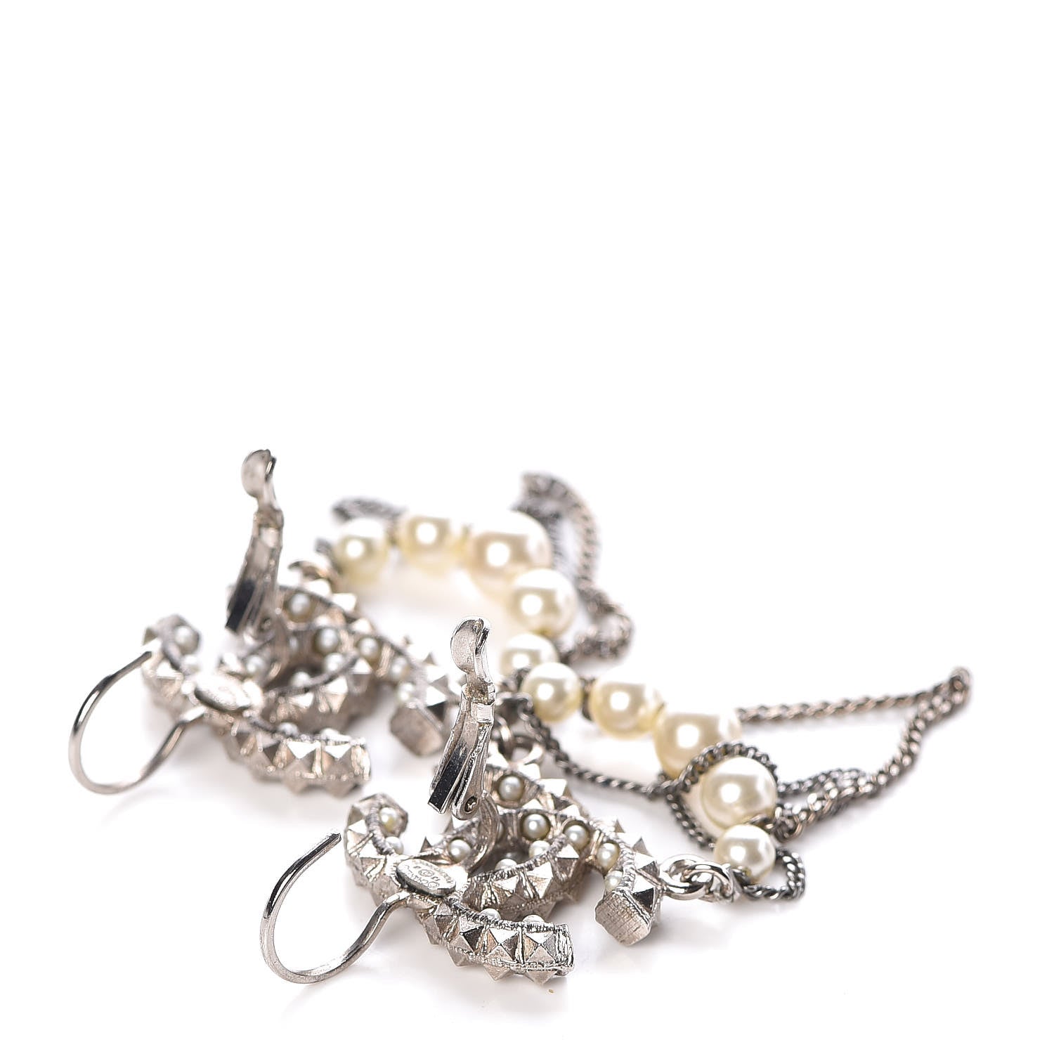 Chanel Spike Pearl Chain CC Drop Earrings Light Gold 3 of 4