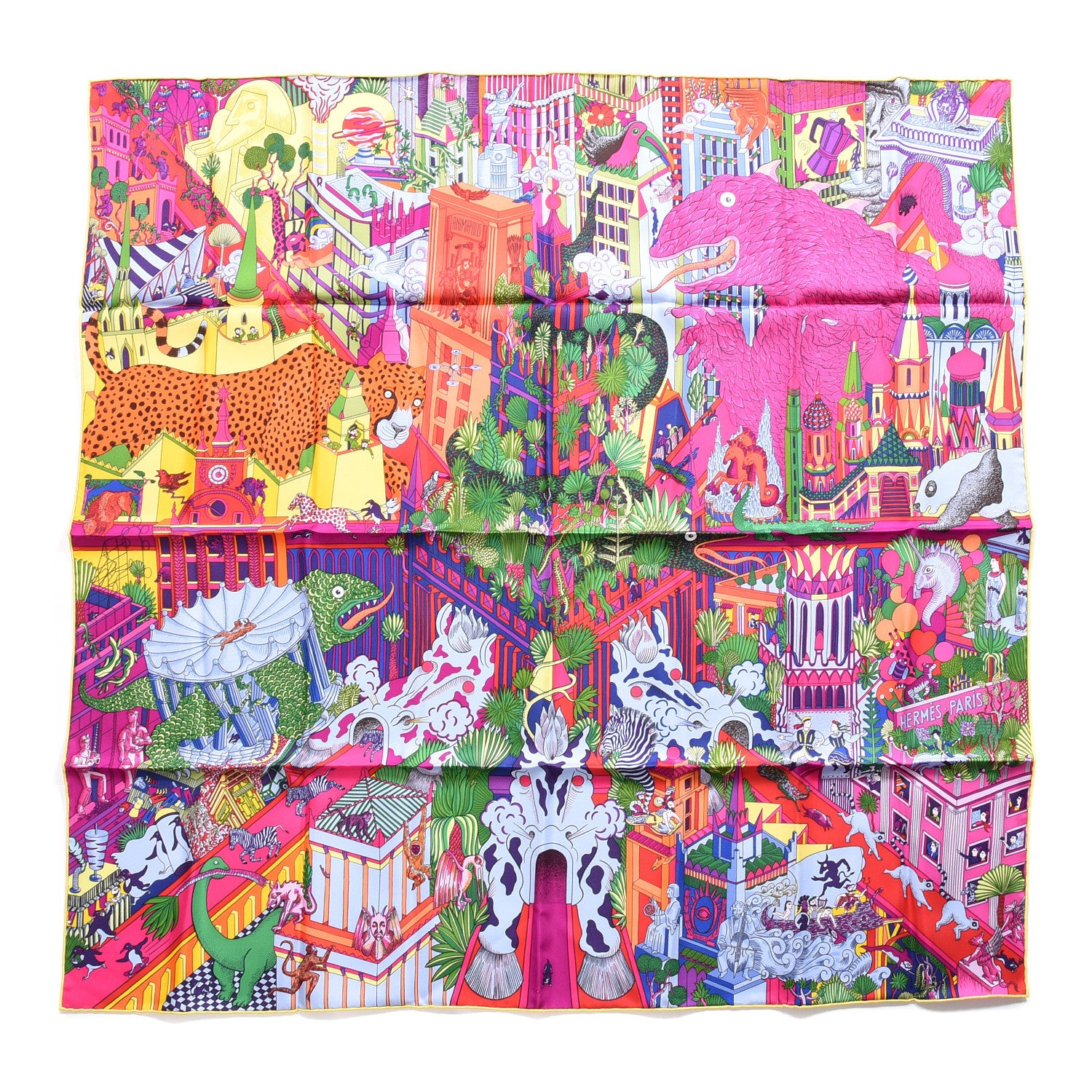 Hermes Silk Animapolis Scarf 90 Fuchsia Vert Jaune Vif 1 of 4