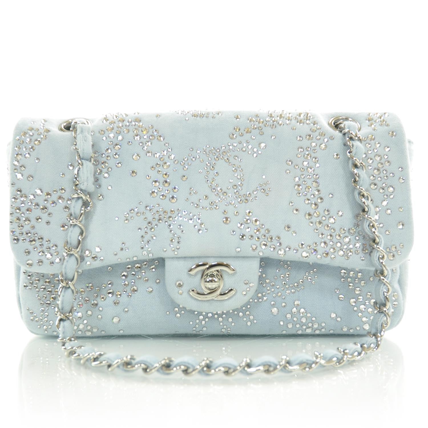 Chanel Denim Quilted Swarovski Crystal Flap 10A 1 of 9