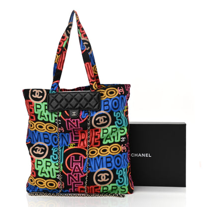 Chanel Caviar Fabric Graffiti Foldable Tote Bag With Chain Black Multicolor 18 of 18