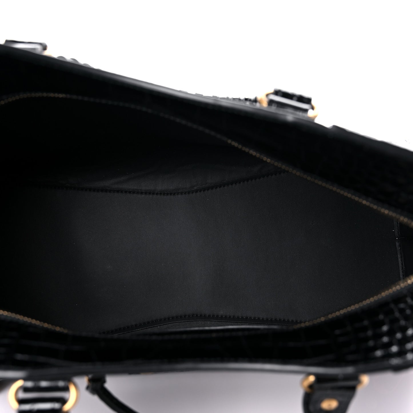 Shiny Supple Calfskin Crocodile Embossed Brass Hardware Neo Classic City Black