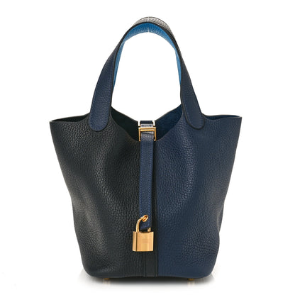 Hermes Taurillon Clemence Casaque Picotin Lock 18 PM Bleu Nuit Black Blue Frida 1 of 8