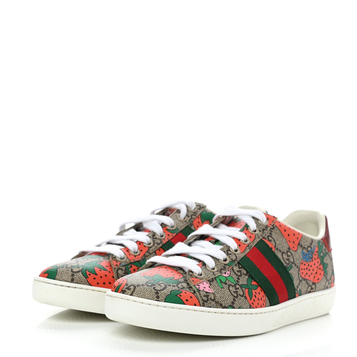 Gucci GG Supreme Monogram Strawberry Web Womens Ace Sneakers 36.5 Beige Multicolor Red Green 3 of 9