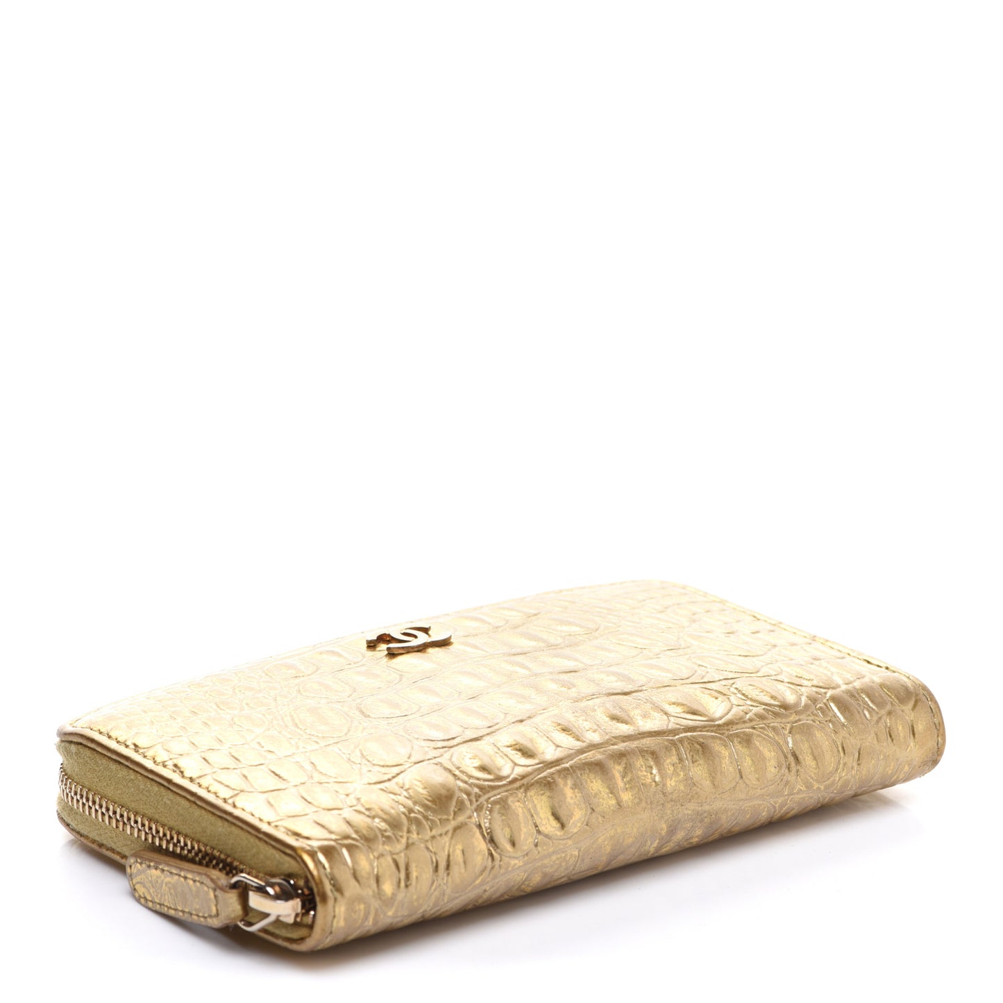 Metallic Calfskin Crocodile Embossed Small Zip Wallet Gold