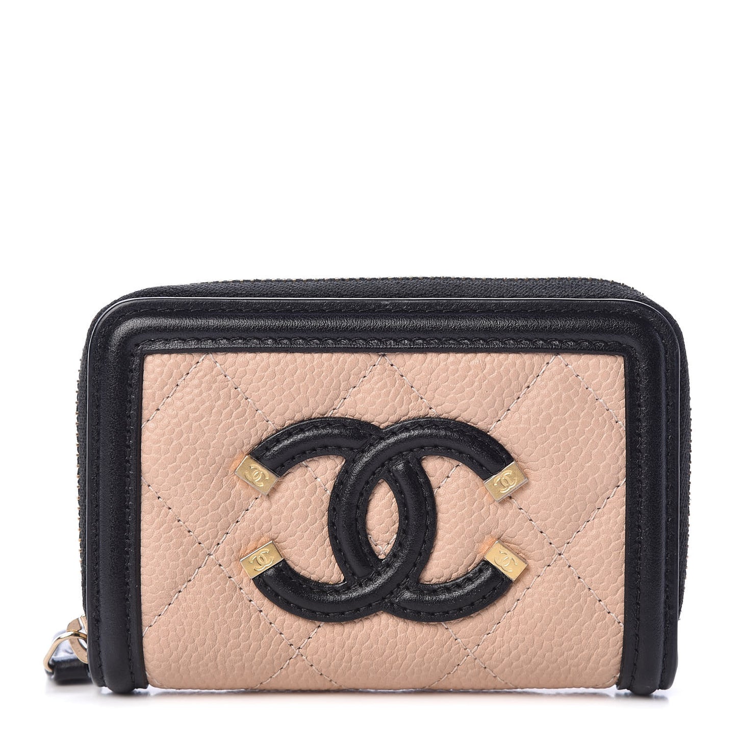 Caviar Quilted Filigree Coin Purse Beige Black