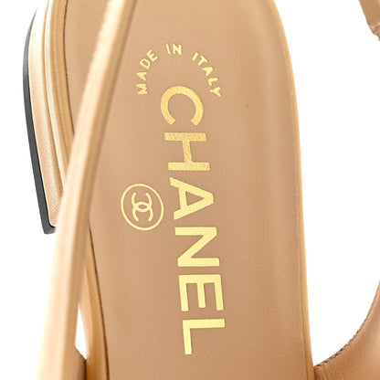 Chanel Goatskin Grosgrain Pointed Toe CC Slingback Flats 37 Beige Black 8 of 9