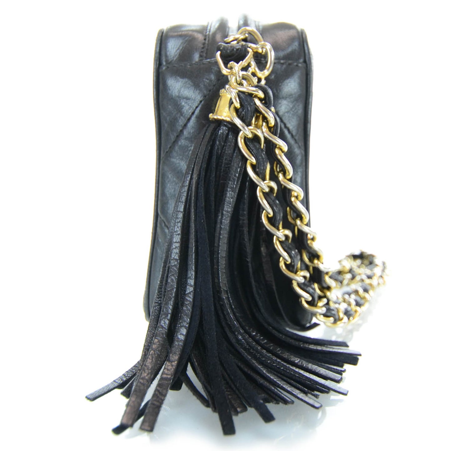 Lambskin Quilted Camera Tassel Case Black