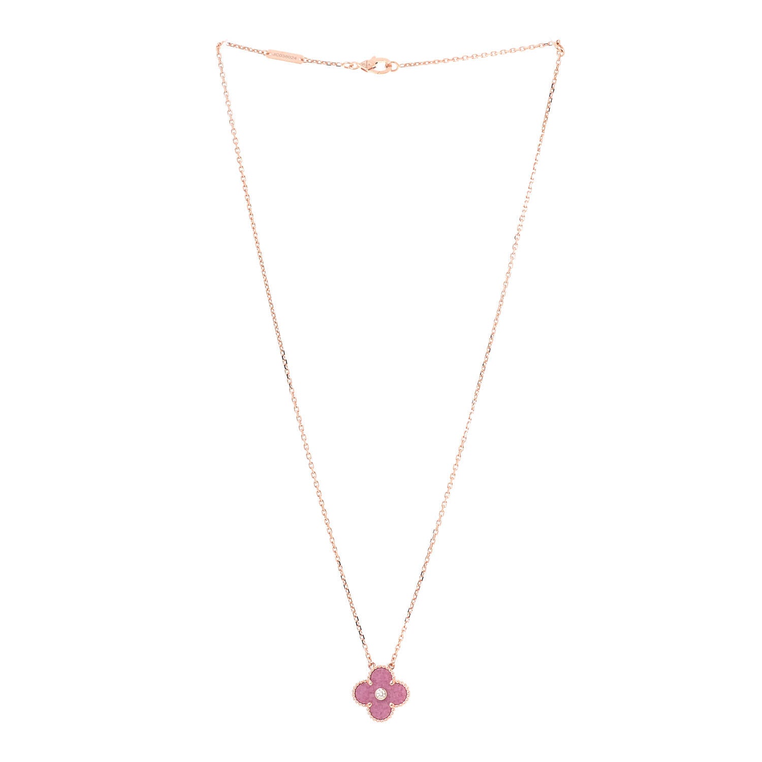 Van Cleef & Arpels 18K Rose Gold Diamond Rhodonite Vintage Alhambra Pendant Necklace 3 of 7