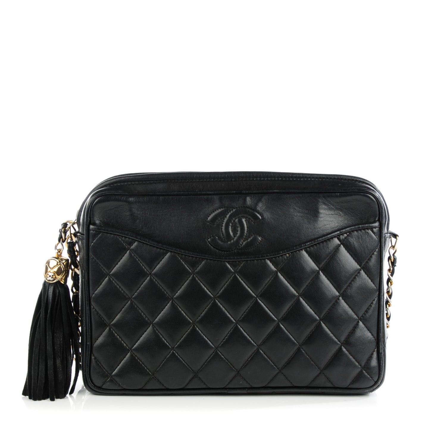 Lambskin Quilted Tassel Camera Case Black