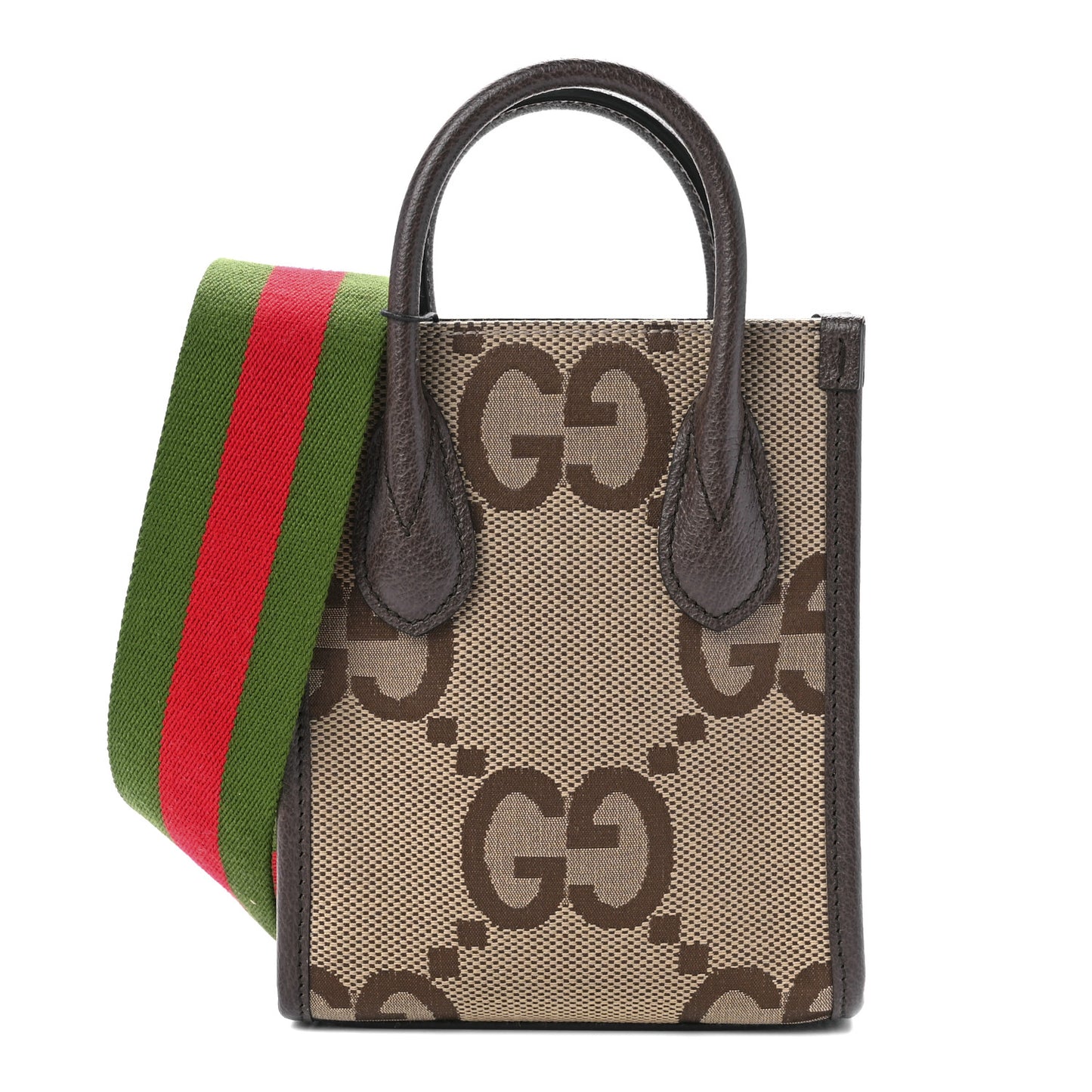 Monogram Jumbo GG Textured Dollar Calfskin Web Mini Vertical Tote Camel Ebony New Acero