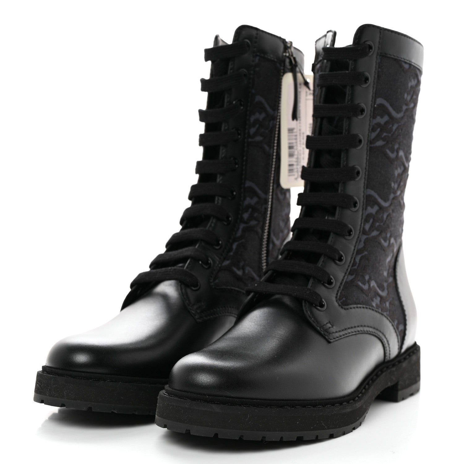 Fendi Vitello Fabric Jacquard Karligraphy Embroidered Womens Combat Boots 37 Black 3 of 9