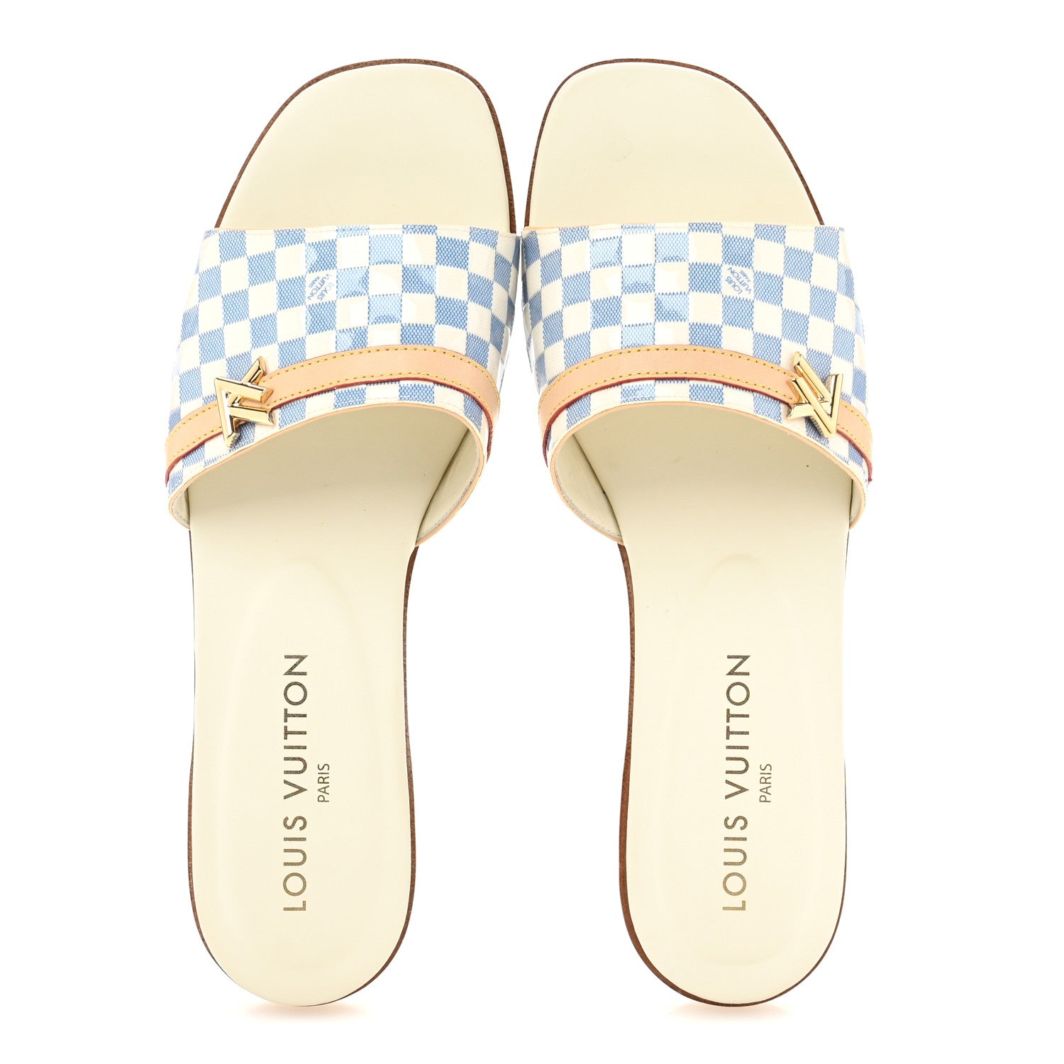 Louis Vuitton Damier Azur Patent Neo Revival Flat Mule Sandals 40 Blanc Bleu 2 of 11