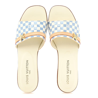 Louis Vuitton Damier Azur Patent Neo Revival Flat Mule Sandals 40 Blanc Bleu 2 of 11