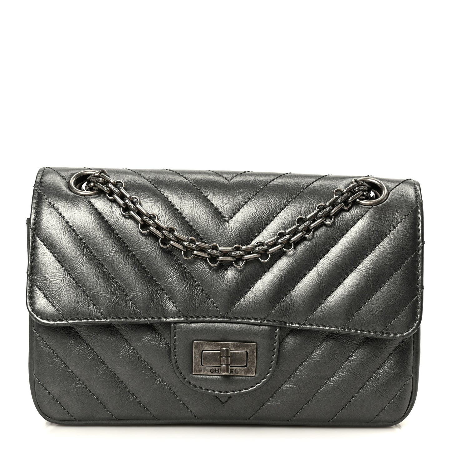 Metallic Aged Calfskin Chevron Quilted 2.55 Reissue Mini Flap Grey