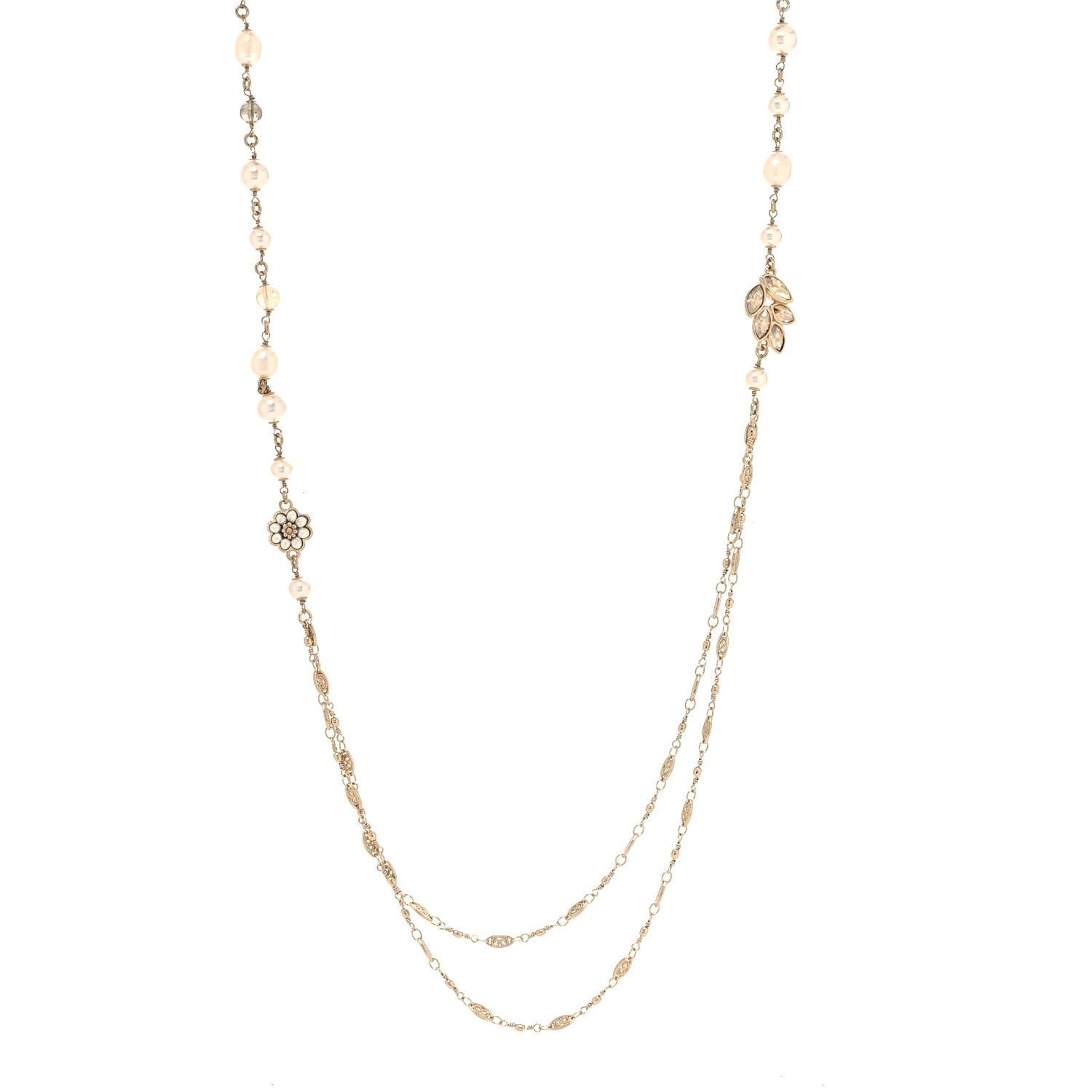 Chanel Pearl Bead Crystal CC Necklace Gold White 1 of 5