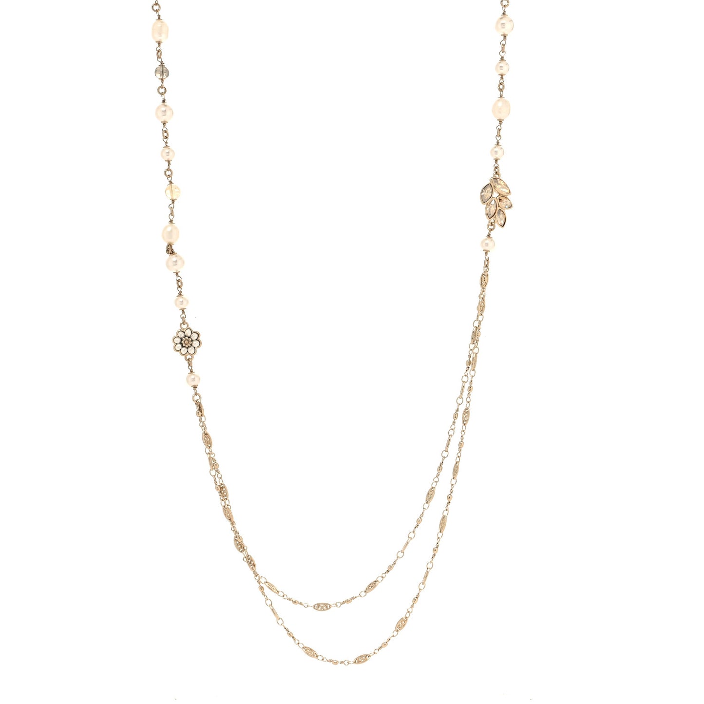 Pearl Bead Crystal CC Necklace Gold White