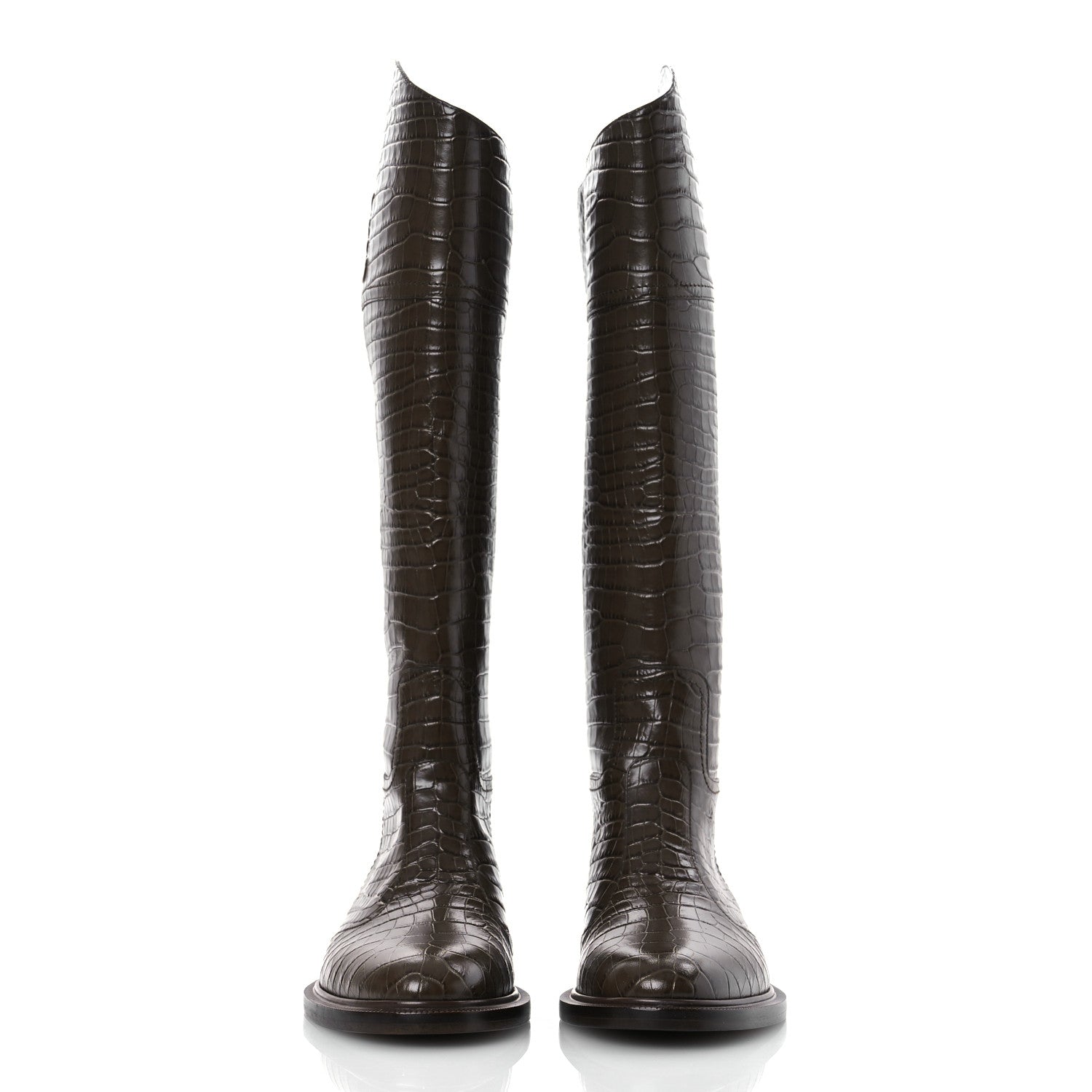 Fendi Calfskin Crocodile Embossed Karligraphy Logo Riding Boots 35.5 Maya 3 of 9