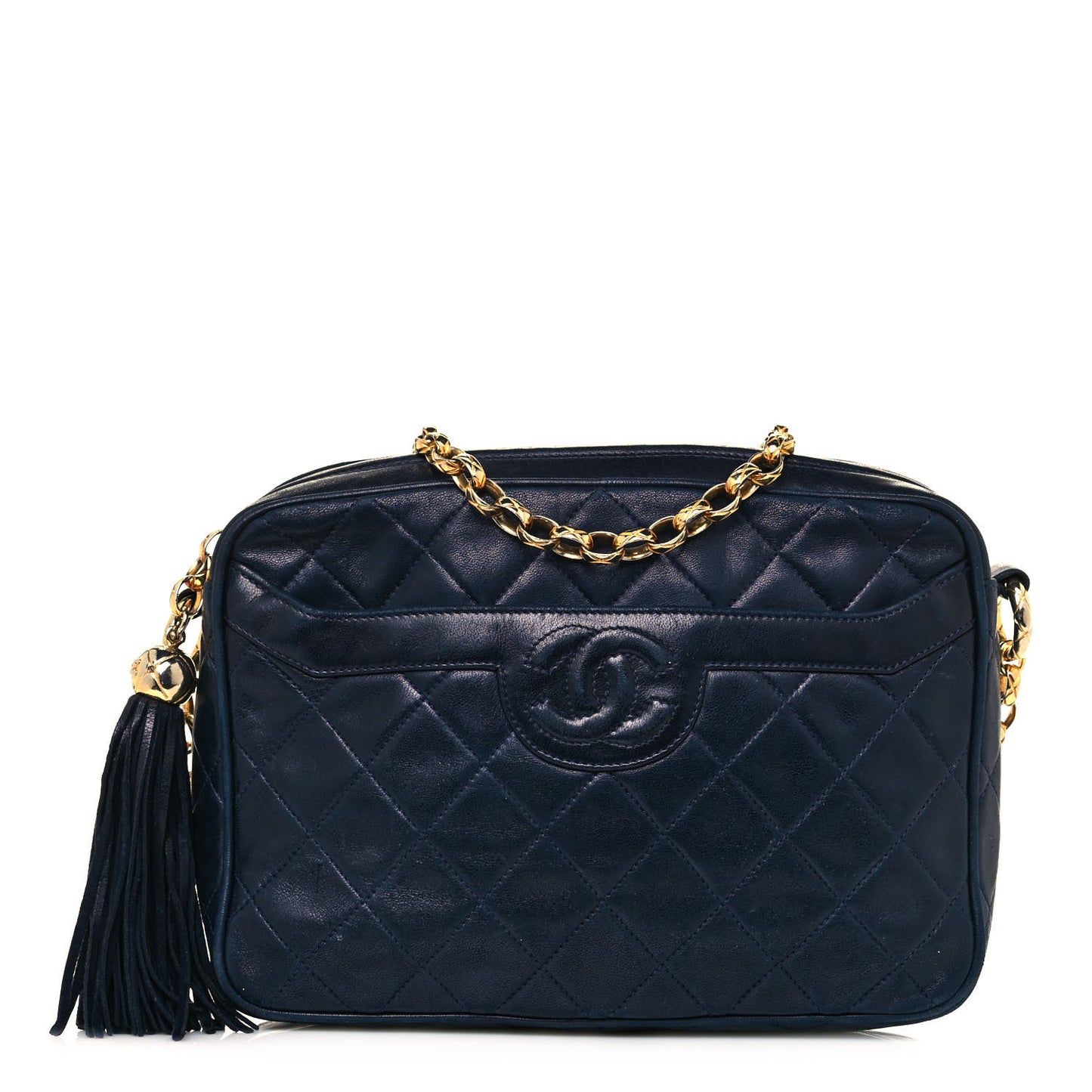 Lambskin Quilted CC Tassel Camera Case Navy
