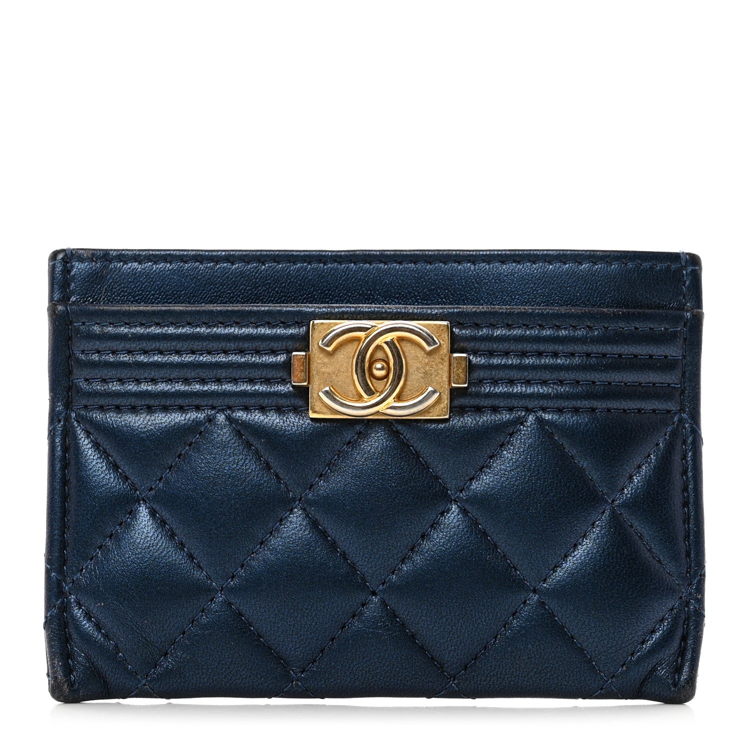 Chanel Metallic Lambskin Quilted Boy Card Holder Navy Blue 1 of 9