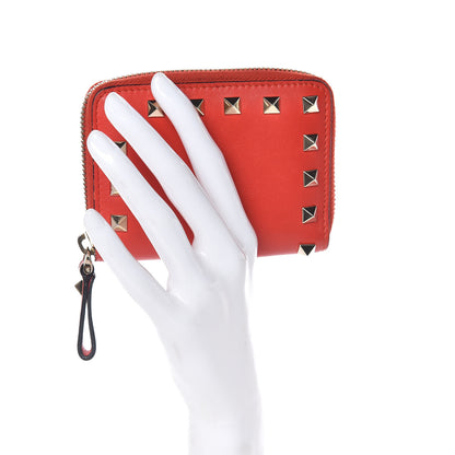 Valentino Garavani Calfskin Rockstud Zip Around Coin Case Card Holder Deep Orange 2 of 9