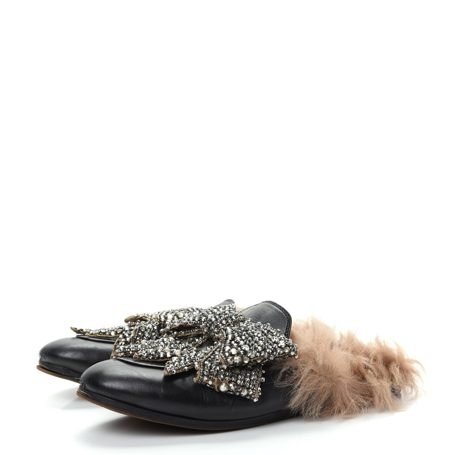 Gucci Malaga Kid Fur Crystal Bow Embroidered Womens Princetown Slippers 36 Black 3 of 10