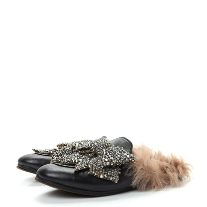 Gucci Malaga Kid Fur Crystal Bow Embroidered Womens Princetown Slippers 36 Black 3 of 10