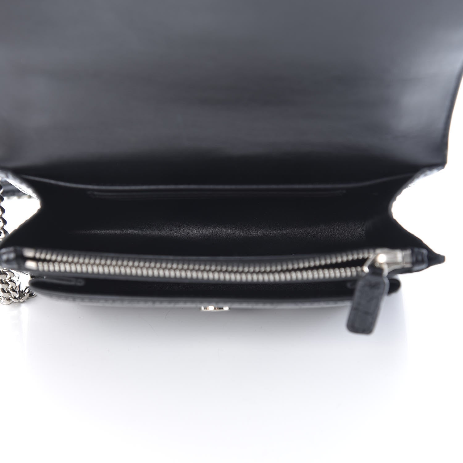 Saint Laurent Calfskin Crocodile Embossed Monogram Sunset Chain Wallet Black 5 of 13