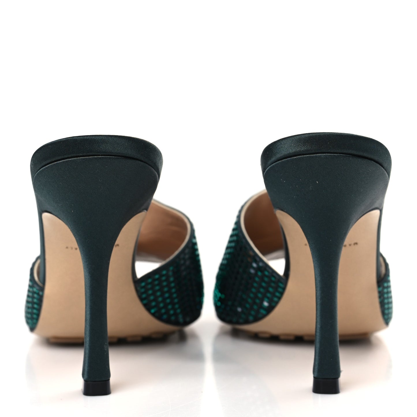 Satin Crystal Embellished Stretch Mule Sandals 39 Green