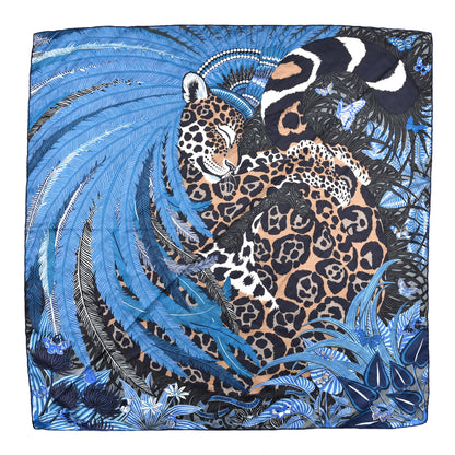Hermes Silk Jaguar Quetzal Scarf 90 Bleu Jean Camel Marine 1 of 5
