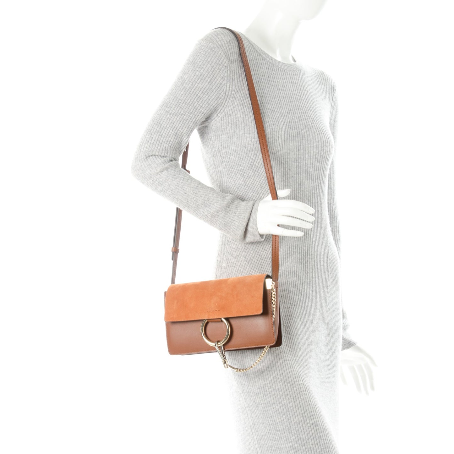 Suede Calfskin Small Faye Shoulder Bag Tobacco