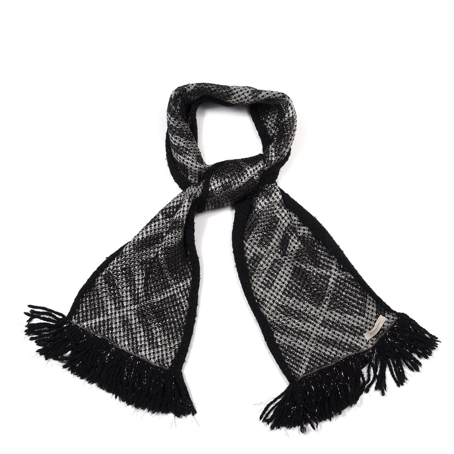 Metallic Check Knit Fringe Scarf Black