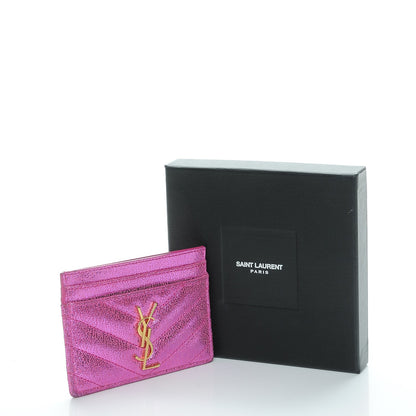 Saint Laurent Metallic Crackled Calfskin Matelasse Chevron Monogram Credit Card Case Fuchsia 8 of 8