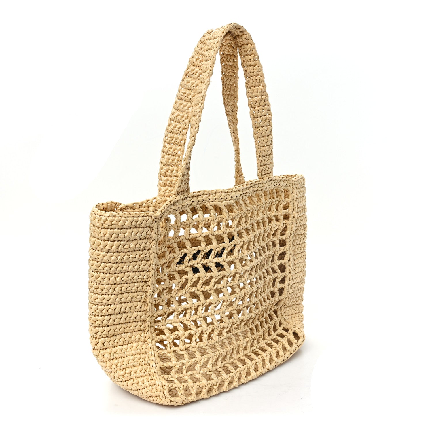 Prada Yarn Raffia Effect Crochet Logo Embroidered Small Tote Bag Naturale 3 of 9