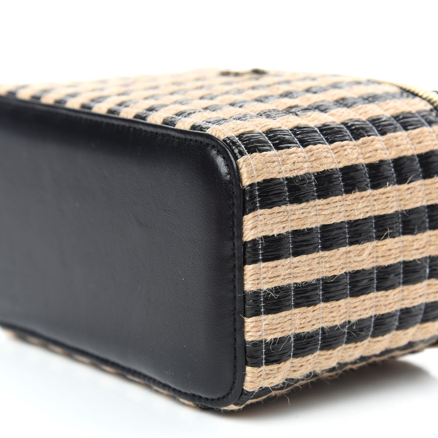 Raffia Jute Striped Small Vanity Case With Chain Black Beige