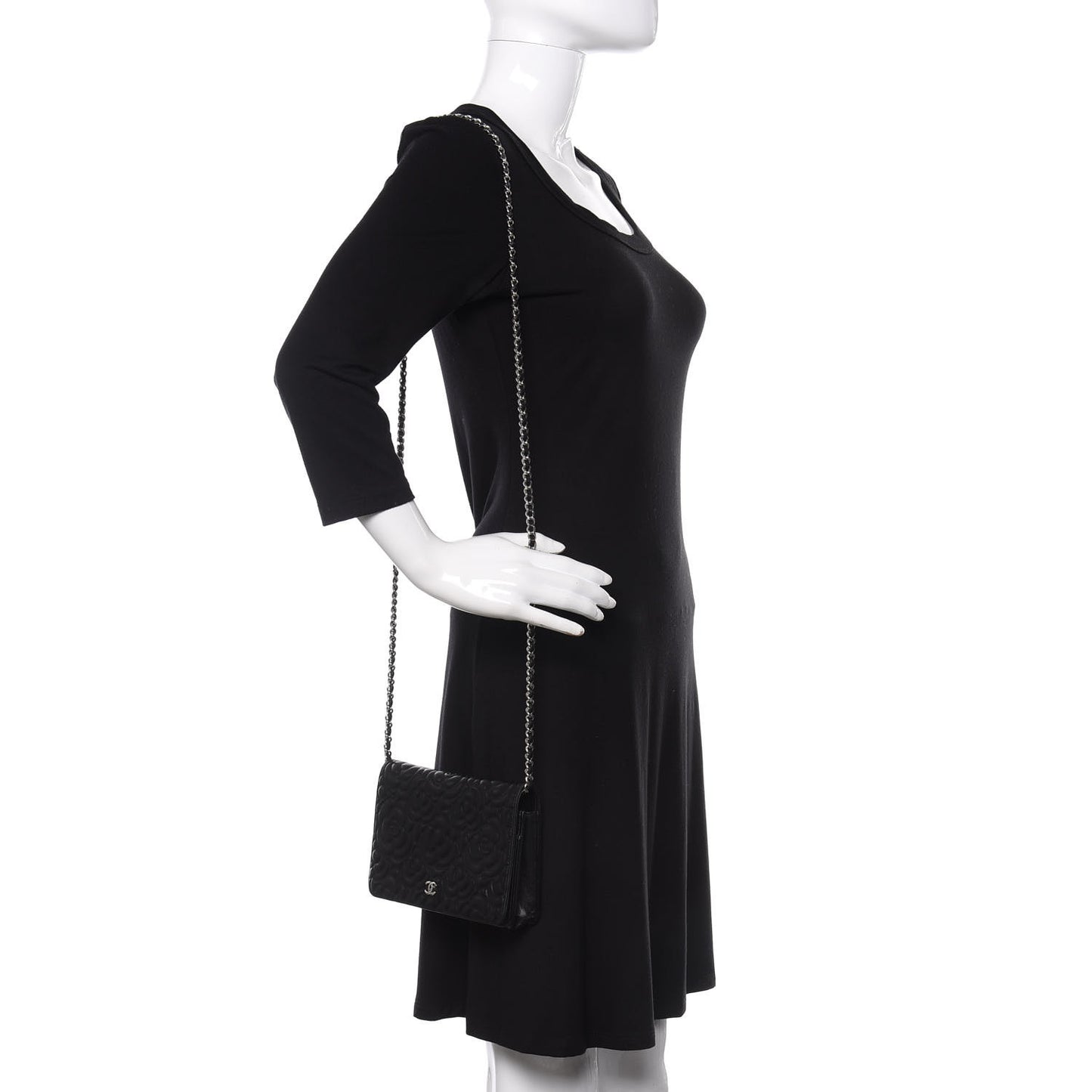 Goatskin Camellia Embossed Wallet on Chain WOC Black