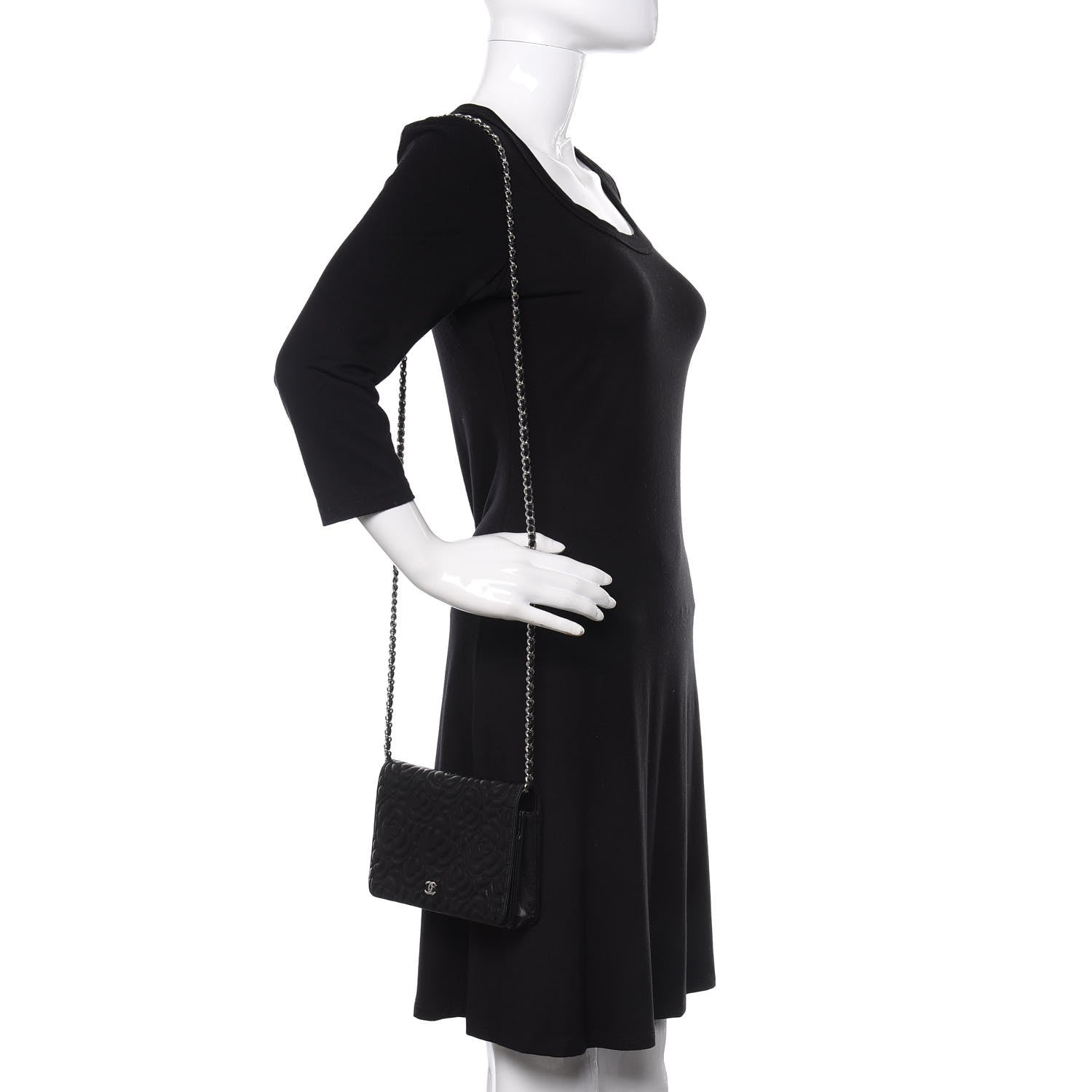 Chanel Goatskin Camellia Embossed Wallet on Chain WOC Black 2 of 10