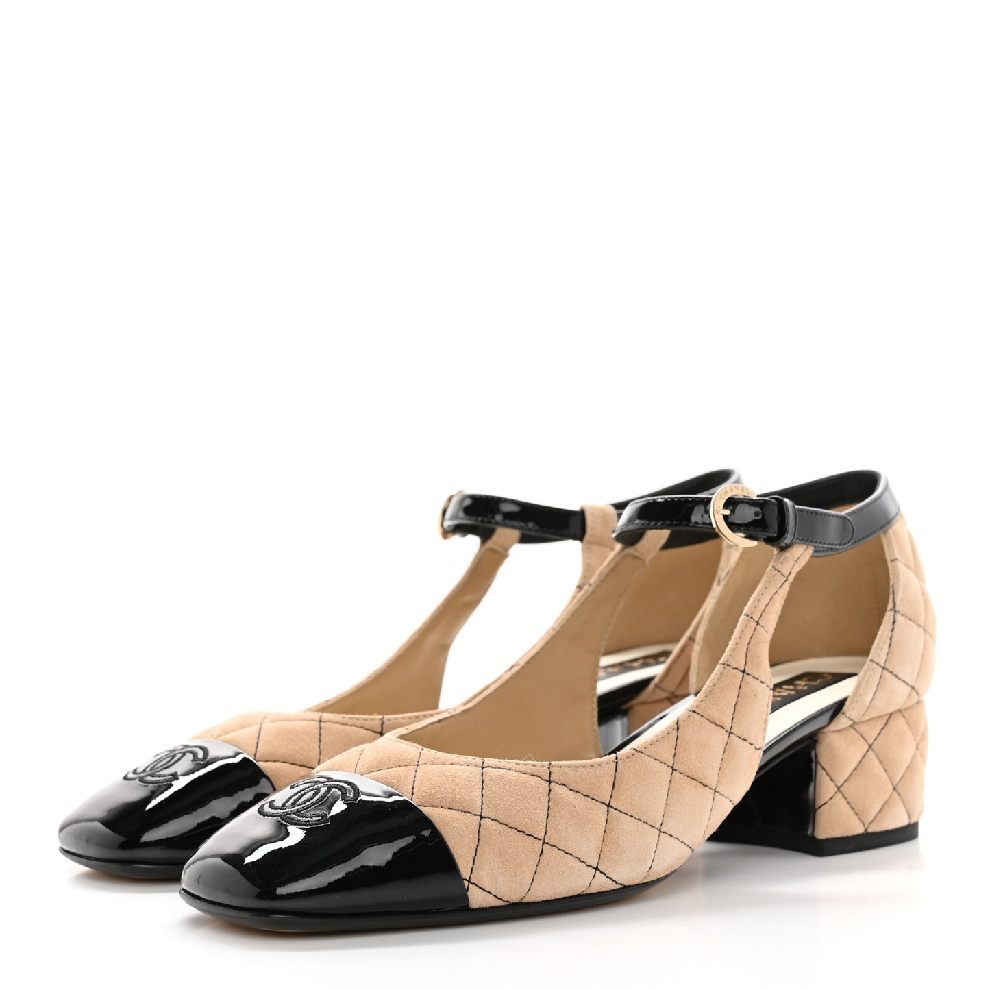 Suede Kidskin Patent Cap Toe Quilted Mary Jane Flats 39.5 Beige Black
