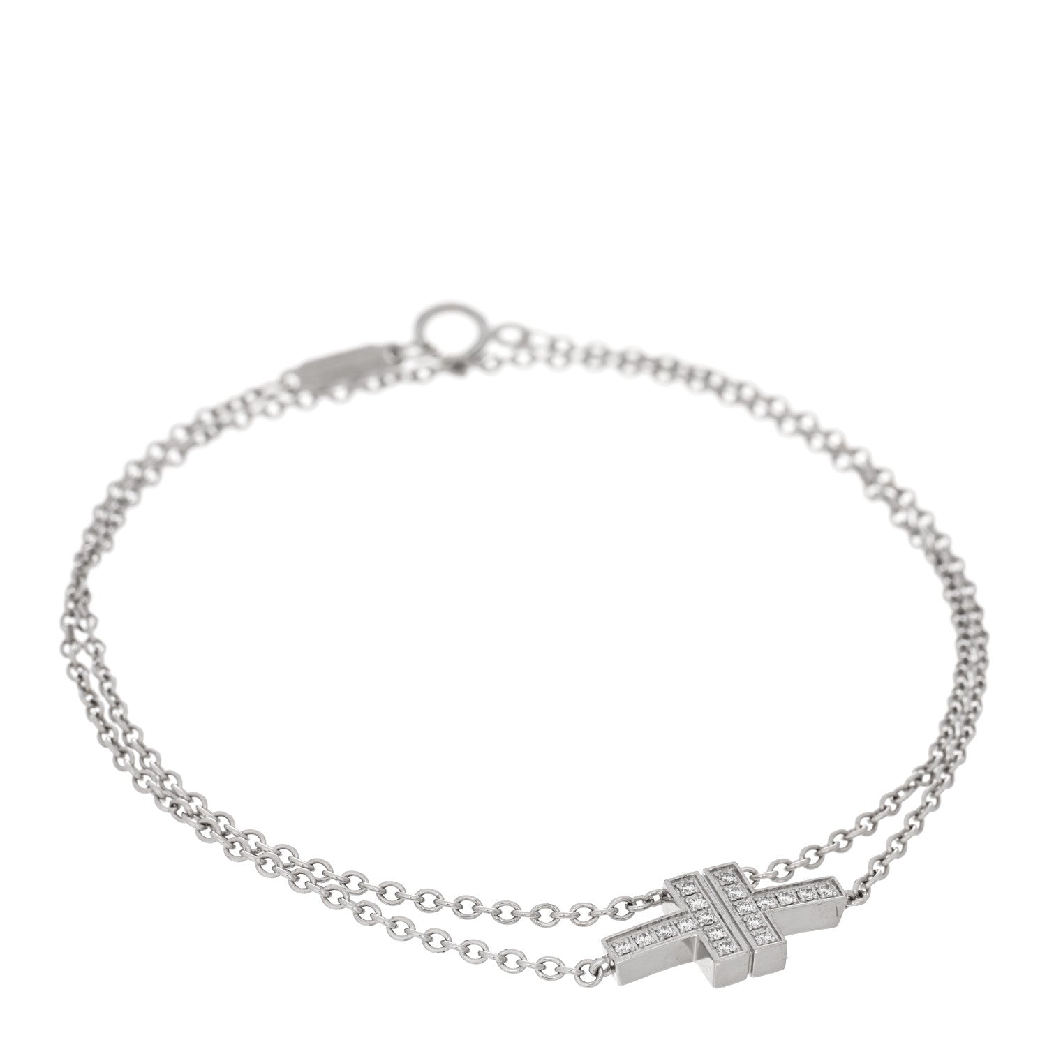 Tiffany 18K White Gold Diamond T Double Chain Bracelet 1 of 3