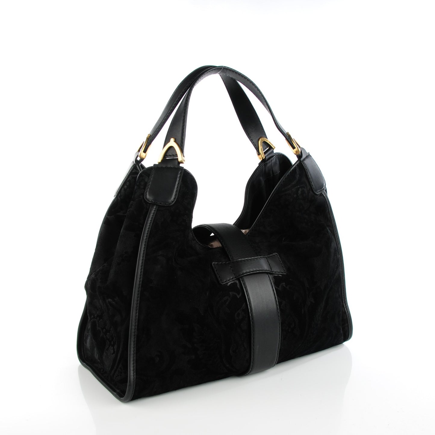 Soft Leather Brocade Medium Stirrup Shoulder Bag Black